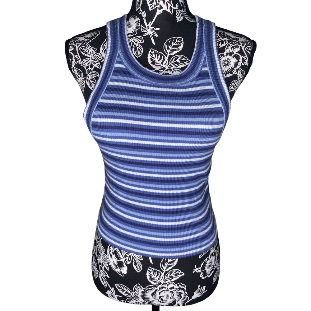 Aerie Blue Striped Ribbed Tank Top Fitted Sleeveless Casual Y2K XS Beach Boho